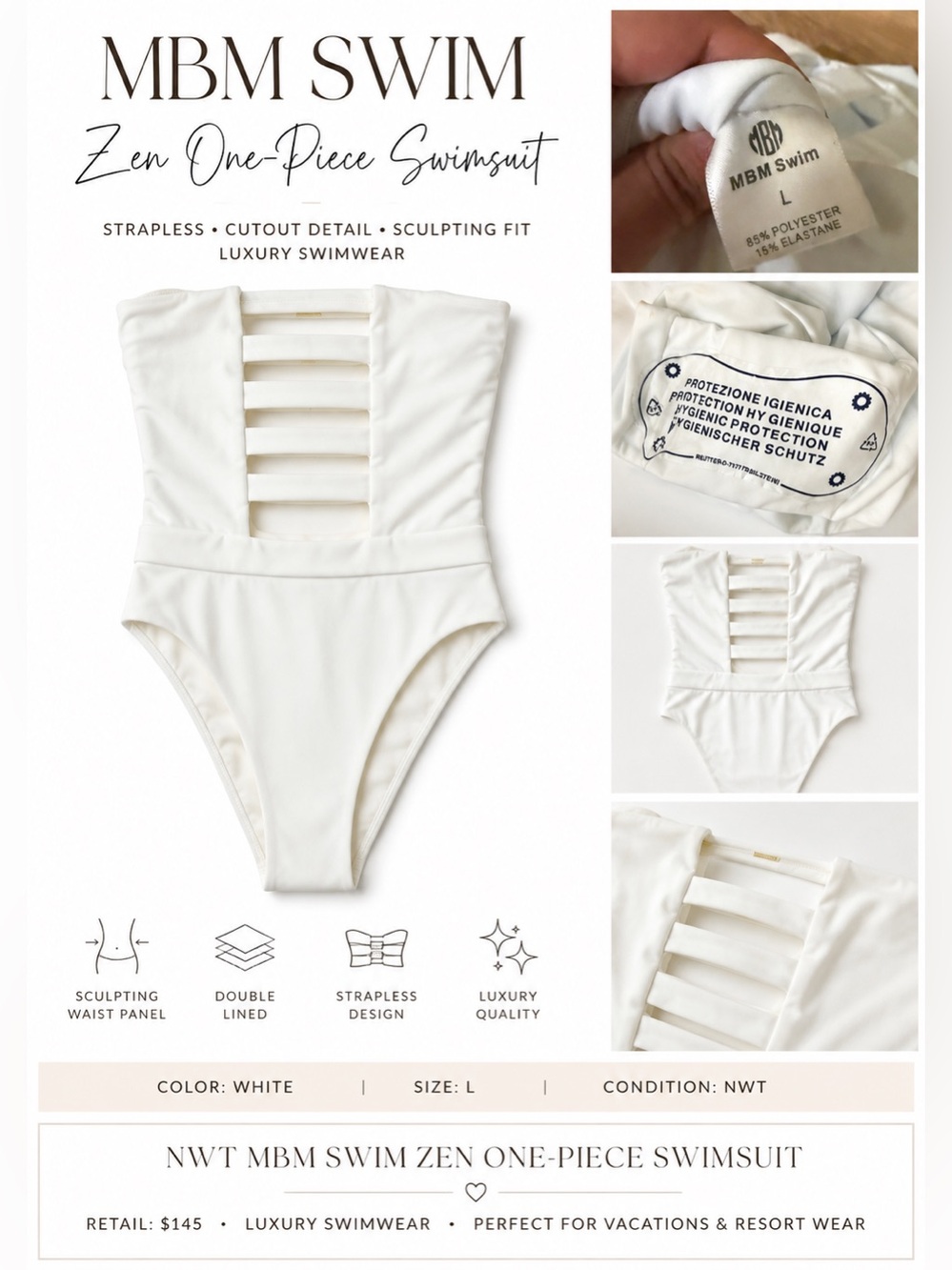 MBM Swim Zen Strapless One-Piece Swimsuit — White